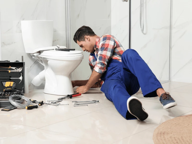 Plumber checking the toilet base for leaks