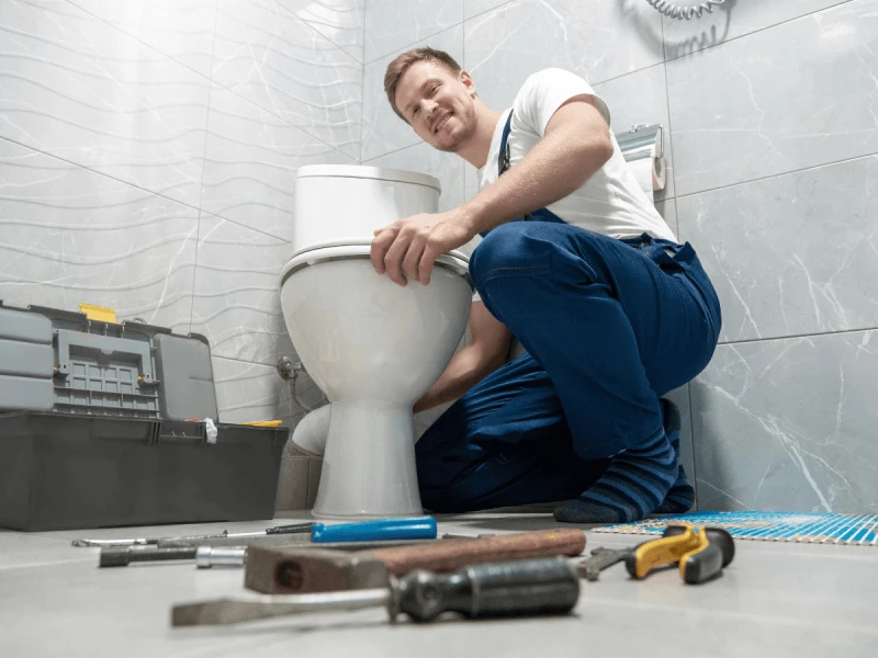 Plumber happy fixing toilet bowl