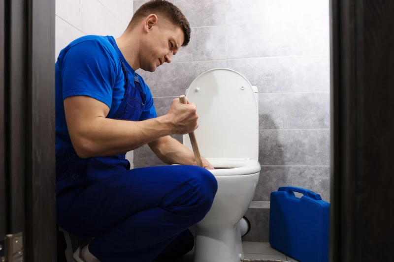 Swan's plumber fixing a blocked toilet with a drain snake