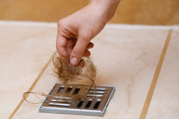 Hair being removed from a clogged shower drain.