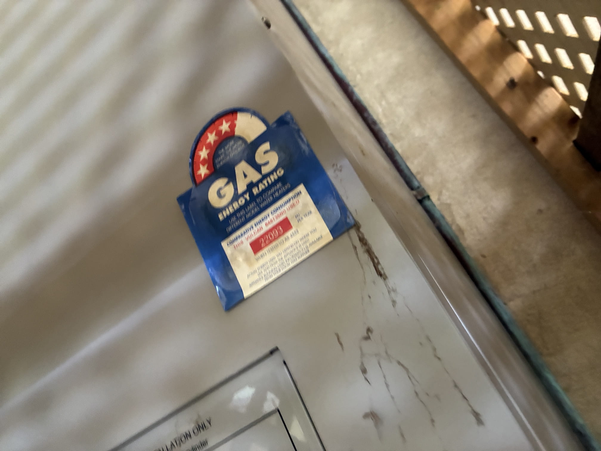 Gas energy rating label on the existing hot water unit in Kewdale